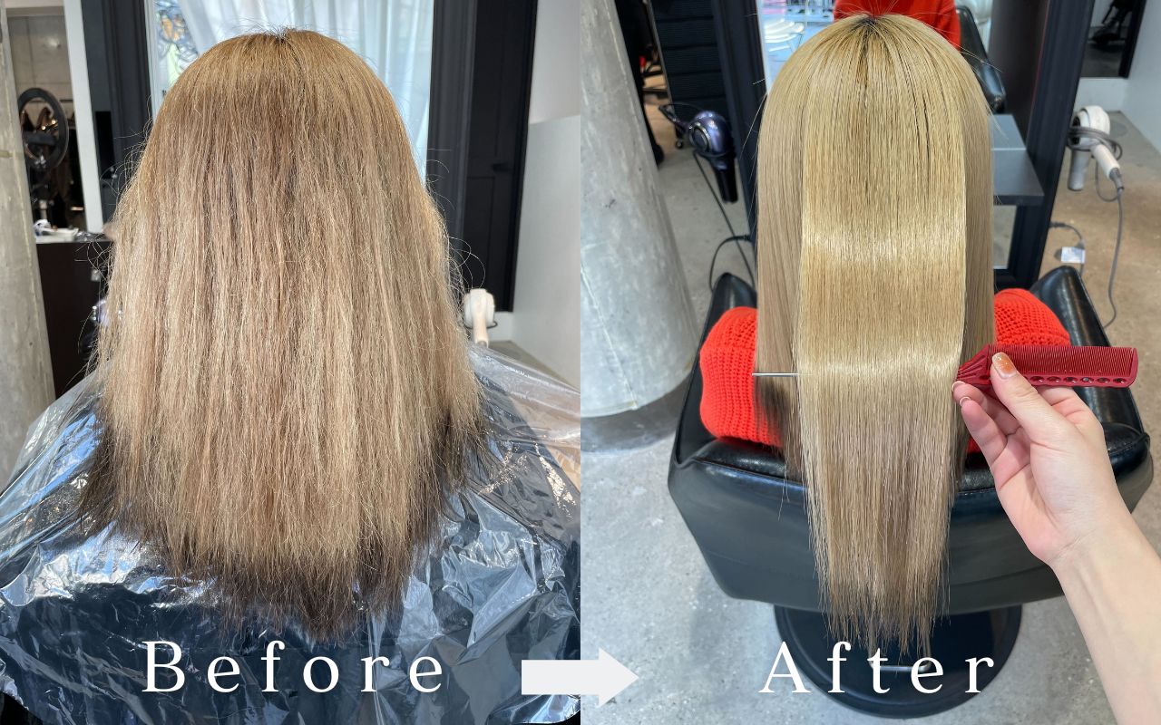 カラーや白髪染めでダメージを受けた40代の髪に対する酸性縮毛矯正Before/After。ダメージを最小限に抑え、絹のような艶髪へ