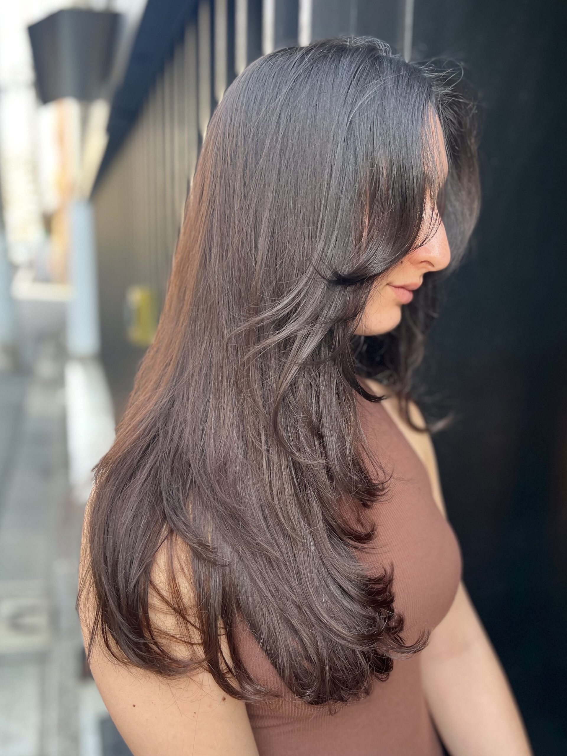 Long layered haircut with Curtain bangs